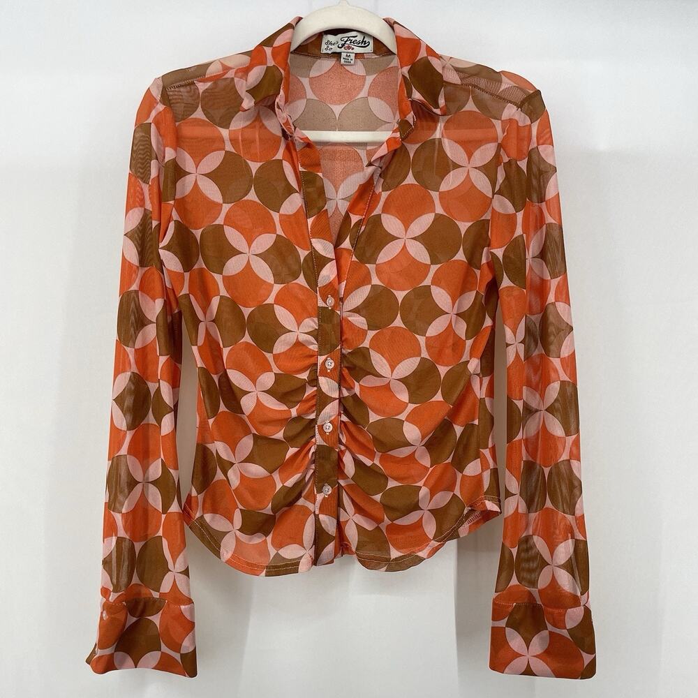 Shes So Fresh Size M Y2K Sheer Mesh Button Down Top Retro Hippie Festival Orange